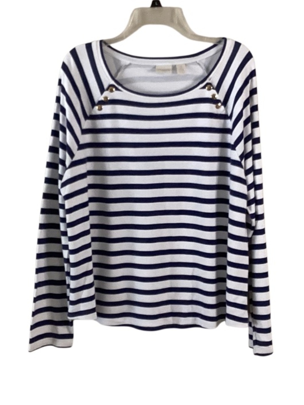 Chico’s Striped Navy and White Long-Sleeve Women's Top Gold Accents XL